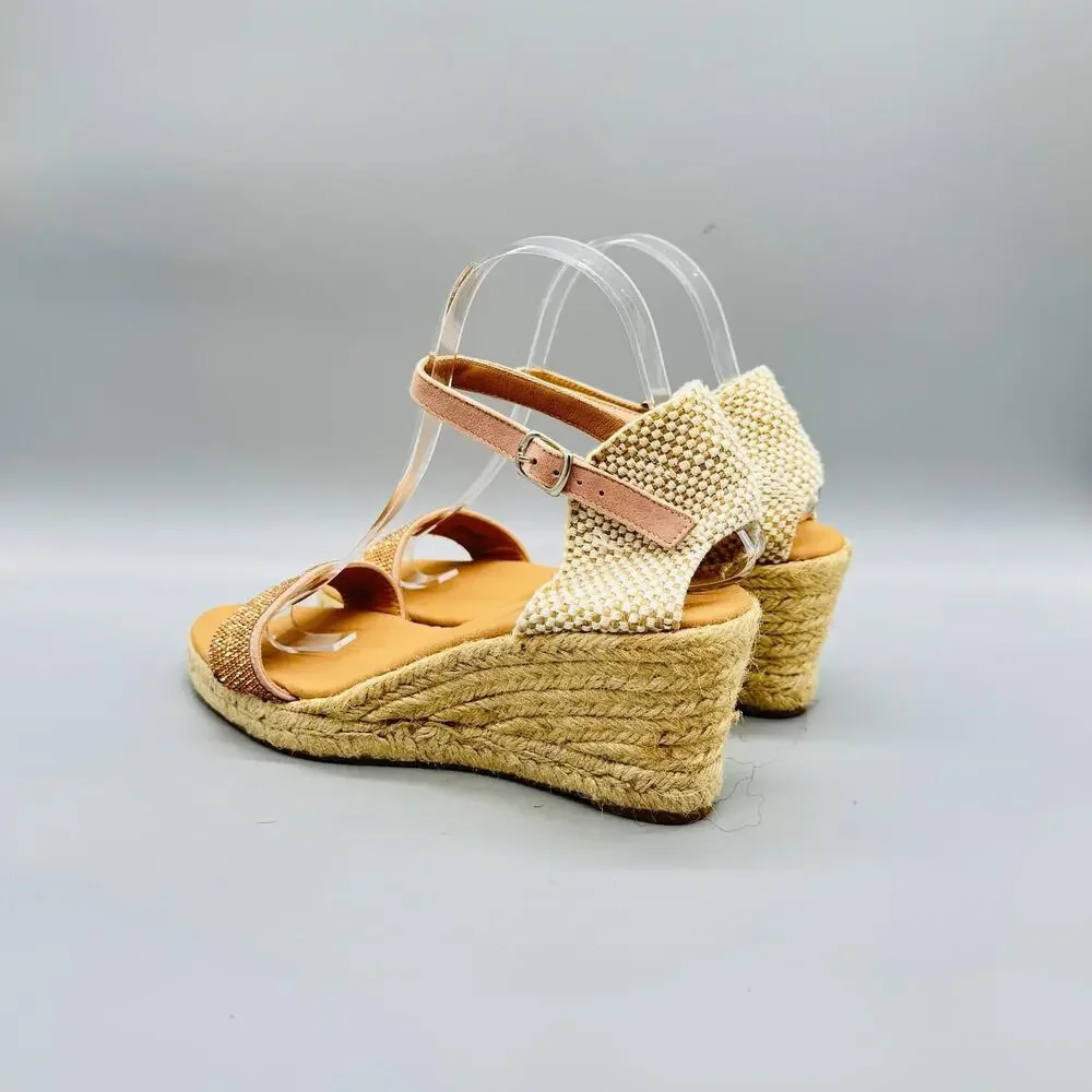 Paseart Sandals Womens 8 Beige Espadrille Wedge Rhinestones Ankle Strap Shoes